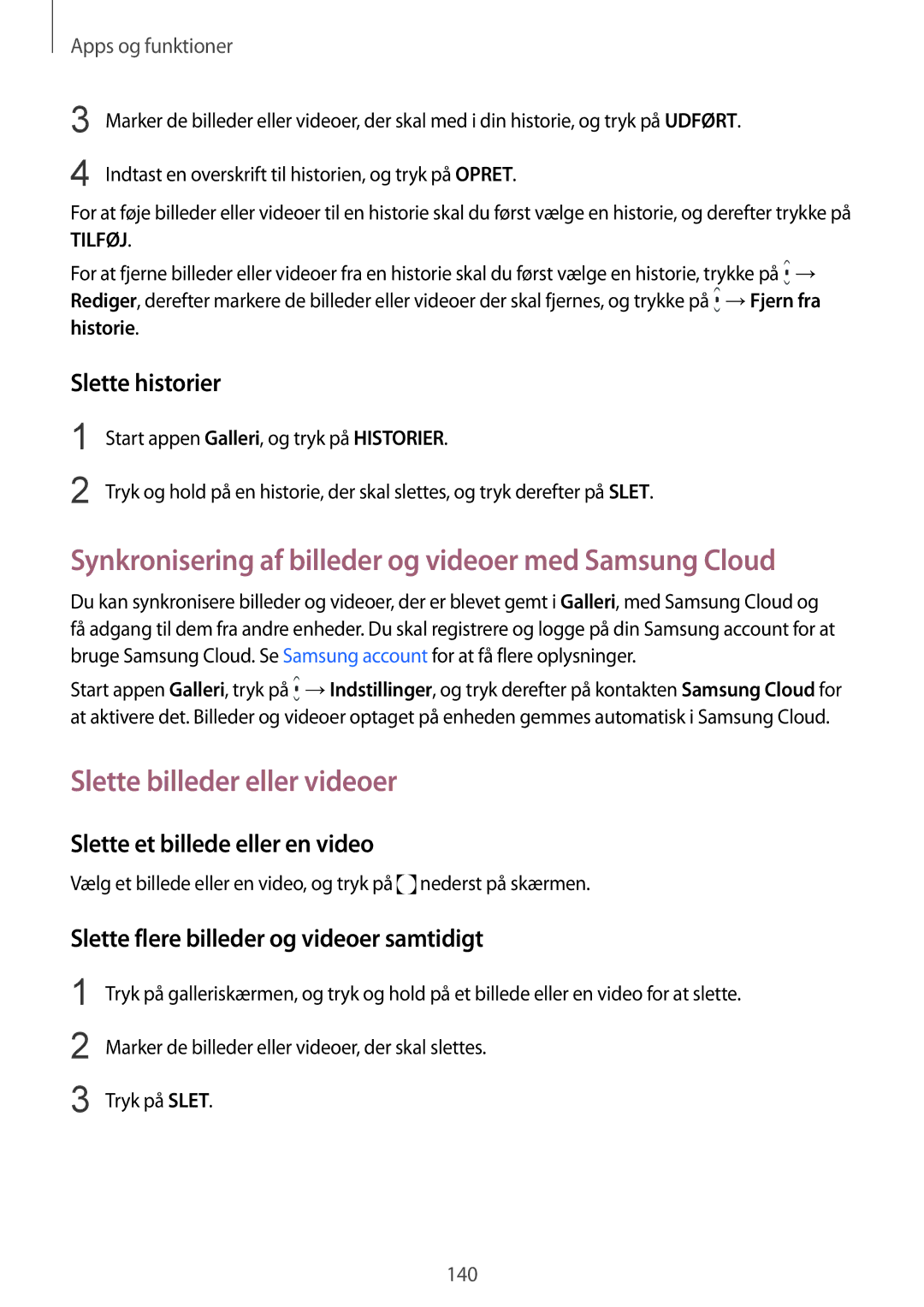 Samsung SM-N950FZDATEN manual Synkronisering af billeder og videoer med Samsung Cloud, Slette billeder eller videoer 