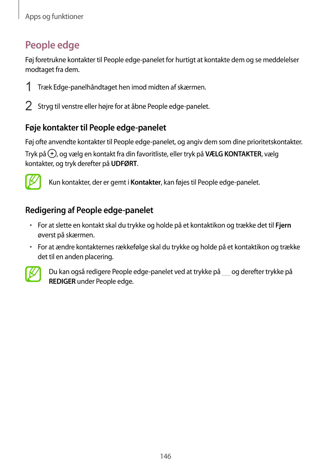 Samsung SM-N950FZKATEN, SM-N950FZDATEN manual Føje kontakter til People edge-panelet, Redigering af People edge-panelet 