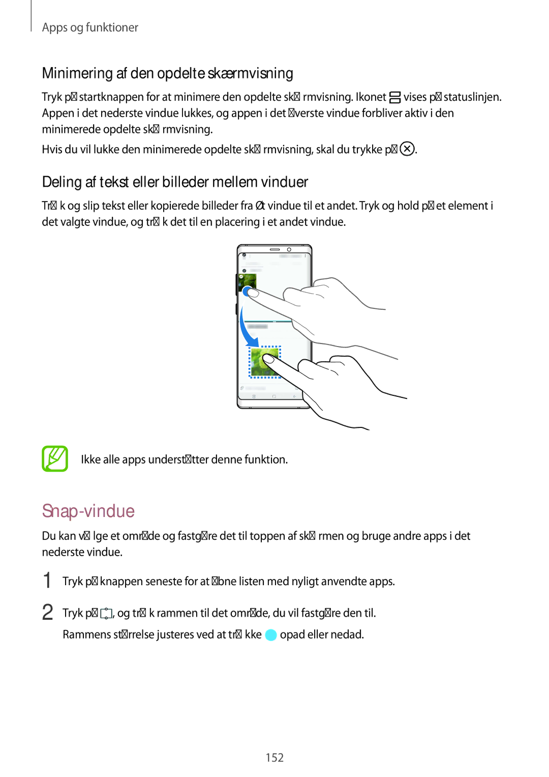 Samsung SM-N950FZDAHTS Snap-vindue, Minimering af den opdelte skærmvisning, Deling af tekst eller billeder mellem vinduer 