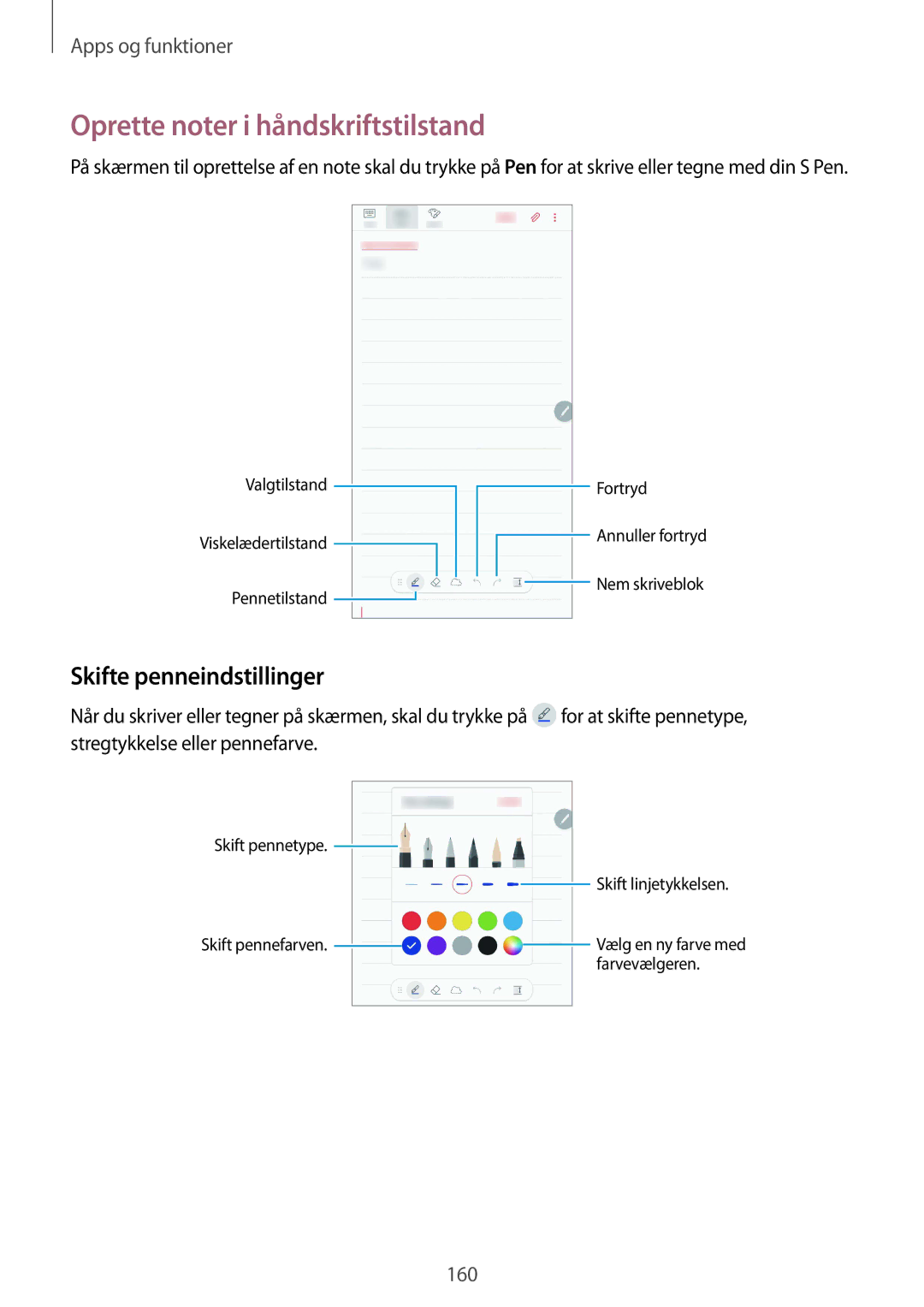 Samsung SM-N950FZKATEN, SM-N950FZDATEN, CG-N950FZDSHTD manual Oprette noter i håndskriftstilstand, Skifte penneindstillinger 