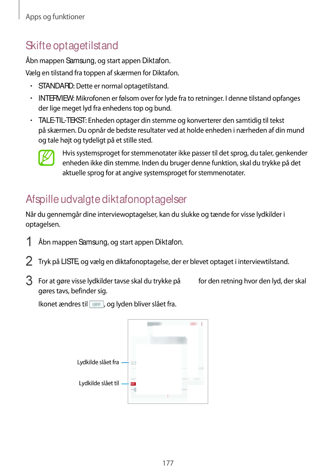 Samsung SM-N950FZKAHTS, SM-N950FZDATEN, CG-N950FZDSHTD manual Skifte optagetilstand, Afspille udvalgte diktafonoptagelser 