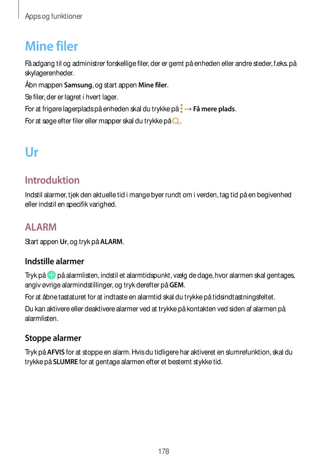 Samsung SM-N950FZKDNEE, SM-N950FZDATEN Mine filer, Indstille alarmer, Stoppe alarmer, Start appen Ur, og tryk på Alarm 