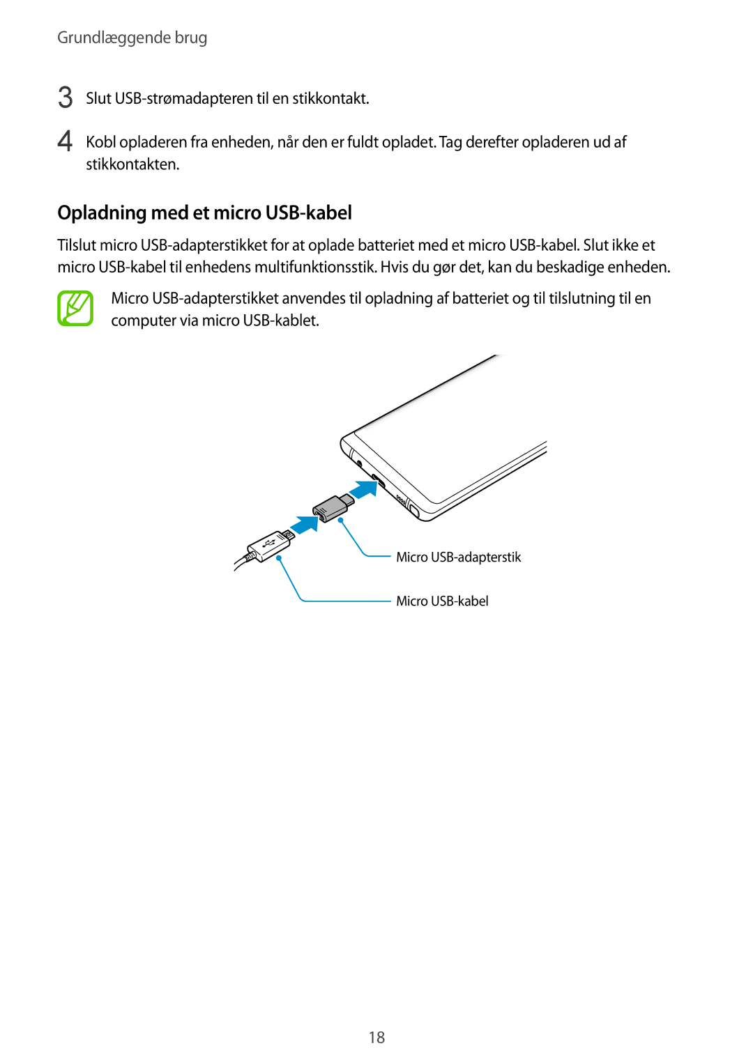 Samsung SM-N950FZDDNEE, SM-N950FZDATEN, CG-N950FZDSHTD, SM-N950FZKAHTS, SM-N950FZKDNEE manual Opladning med et micro USB-kabel 