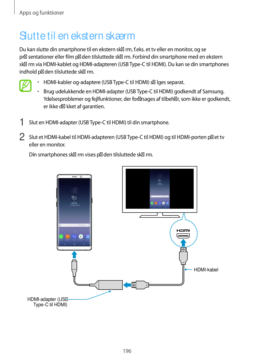 Samsung SM-N950FZDATEN, CG-N950FZDSHTD, SM-N950FZKAHTS, SM-N950FZKDNEE, SM-N950FZDDNEE manual Slutte til en ekstern skærm 