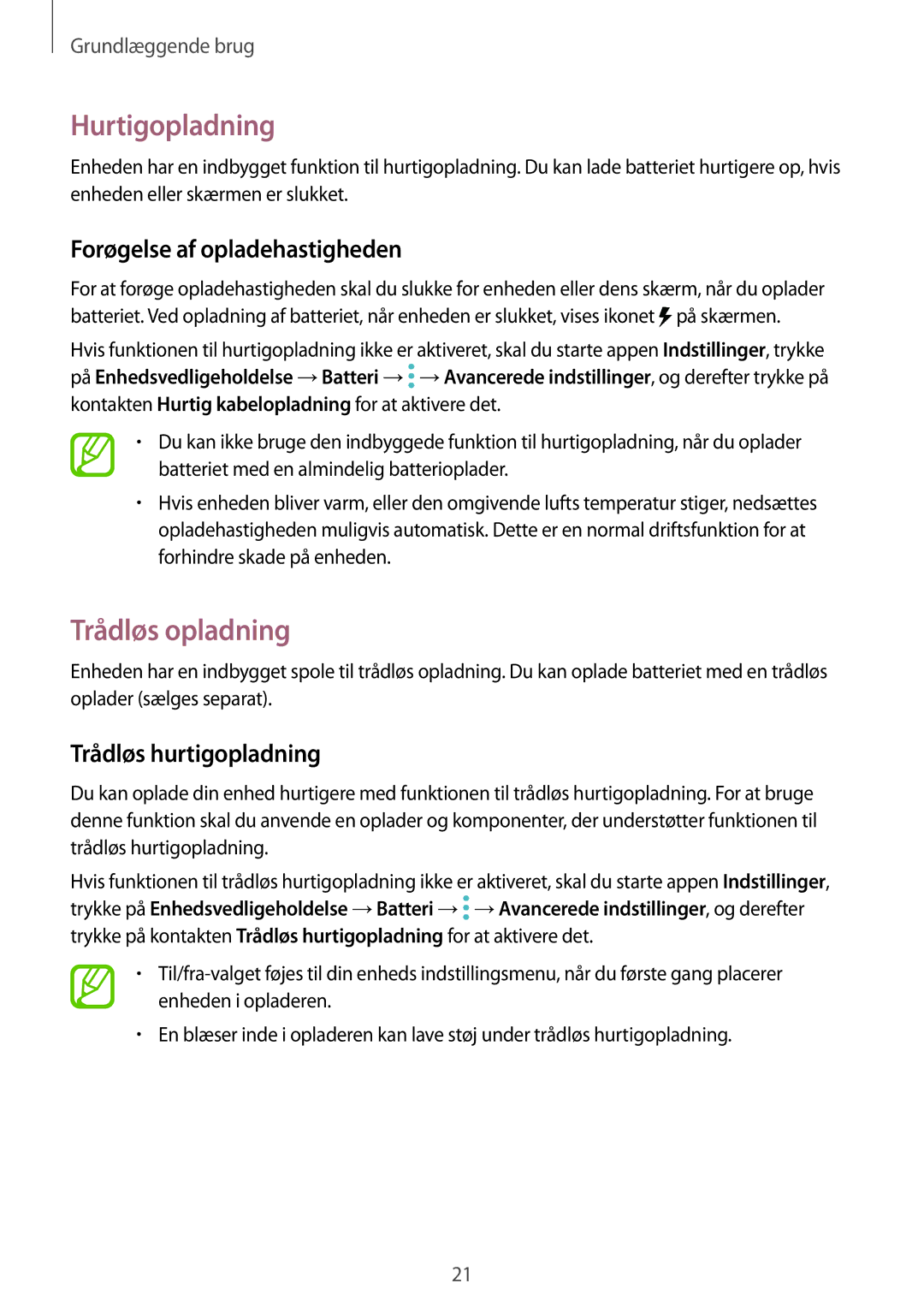 Samsung SM-N950FZDATEN manual Hurtigopladning, Trådløs opladning, Forøgelse af opladehastigheden, Trådløs hurtigopladning 