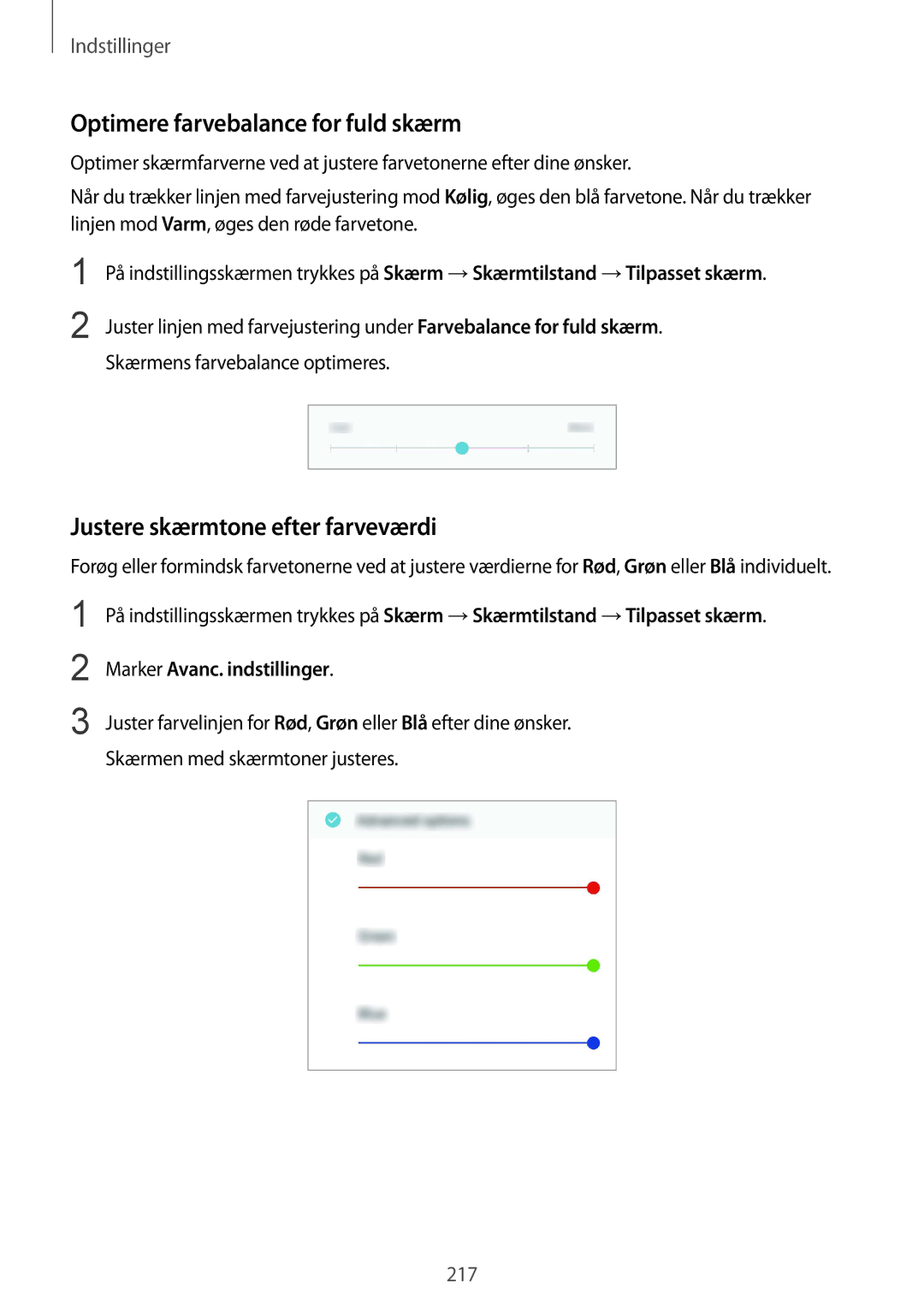 Samsung SM-N950FZDATEN, CG-N950FZDSHTD manual Optimere farvebalance for fuld skærm, Justere skærmtone efter farveværdi 