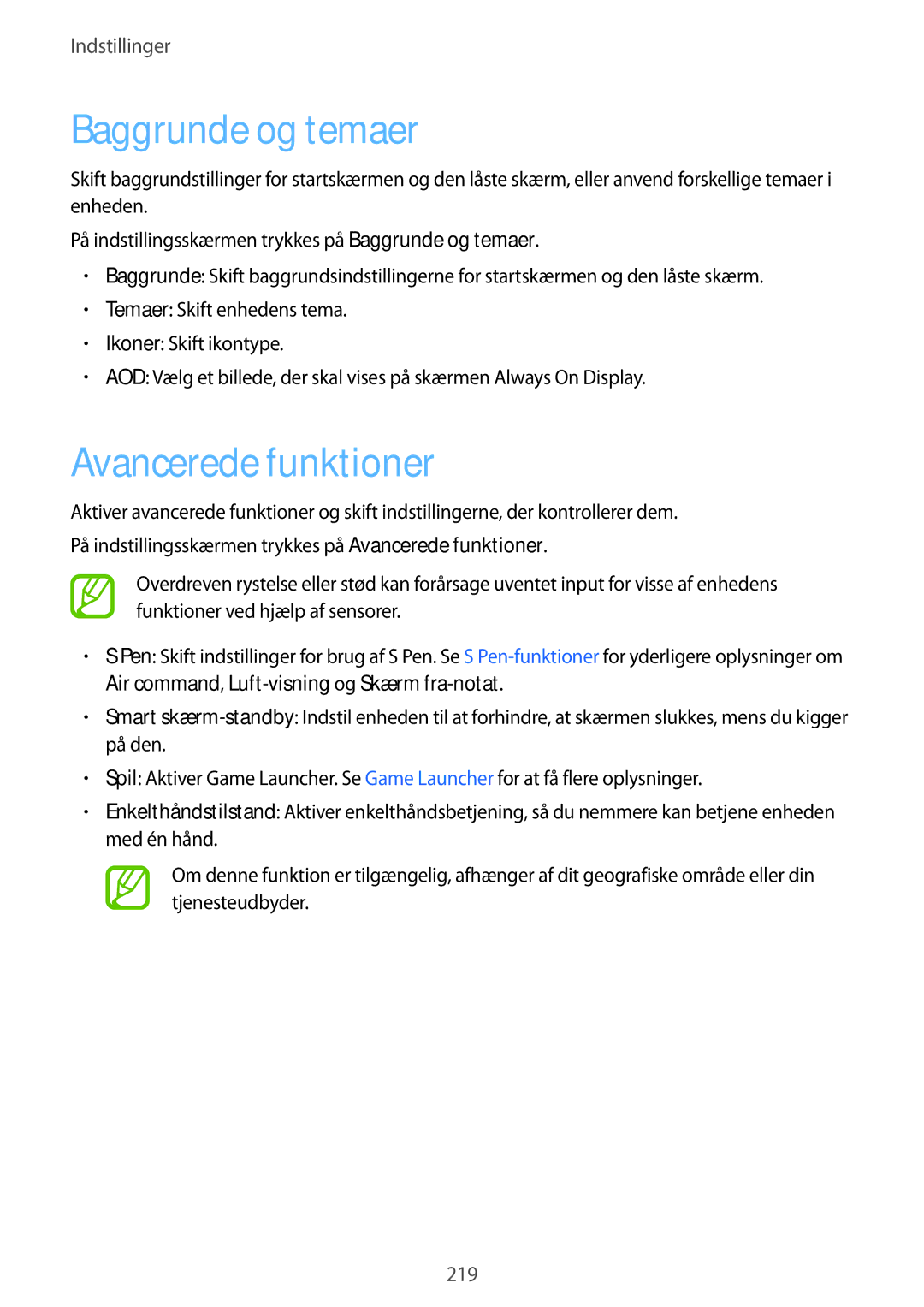 Samsung SM-N950FZKAHTS, SM-N950FZDATEN, CG-N950FZDSHTD, SM-N950FZKDNEE manual Baggrunde og temaer, Avancerede funktioner 