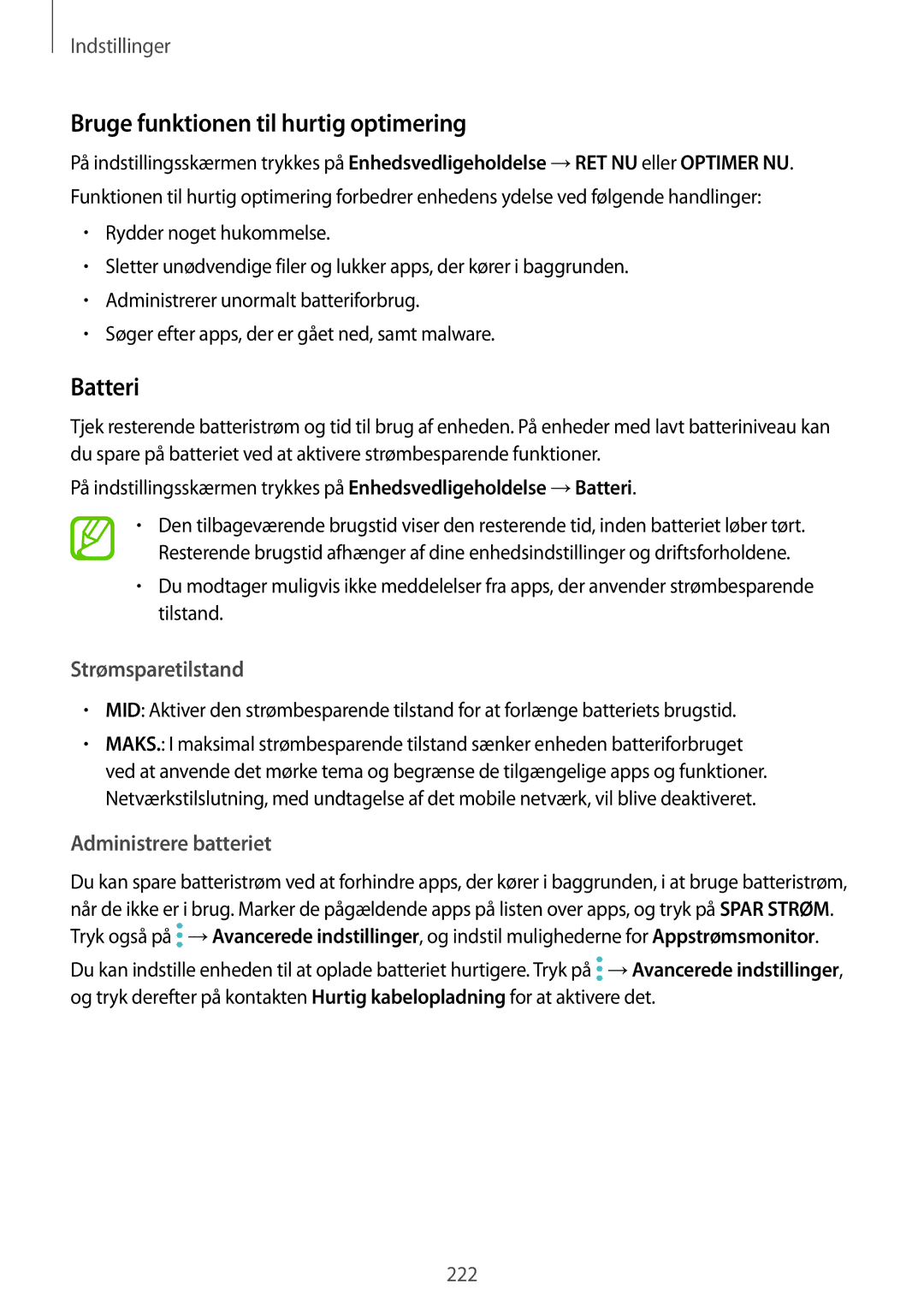 Samsung SM-N950FZDAHTS manual Bruge funktionen til hurtig optimering, Batteri, Strømsparetilstand, Administrere batteriet 