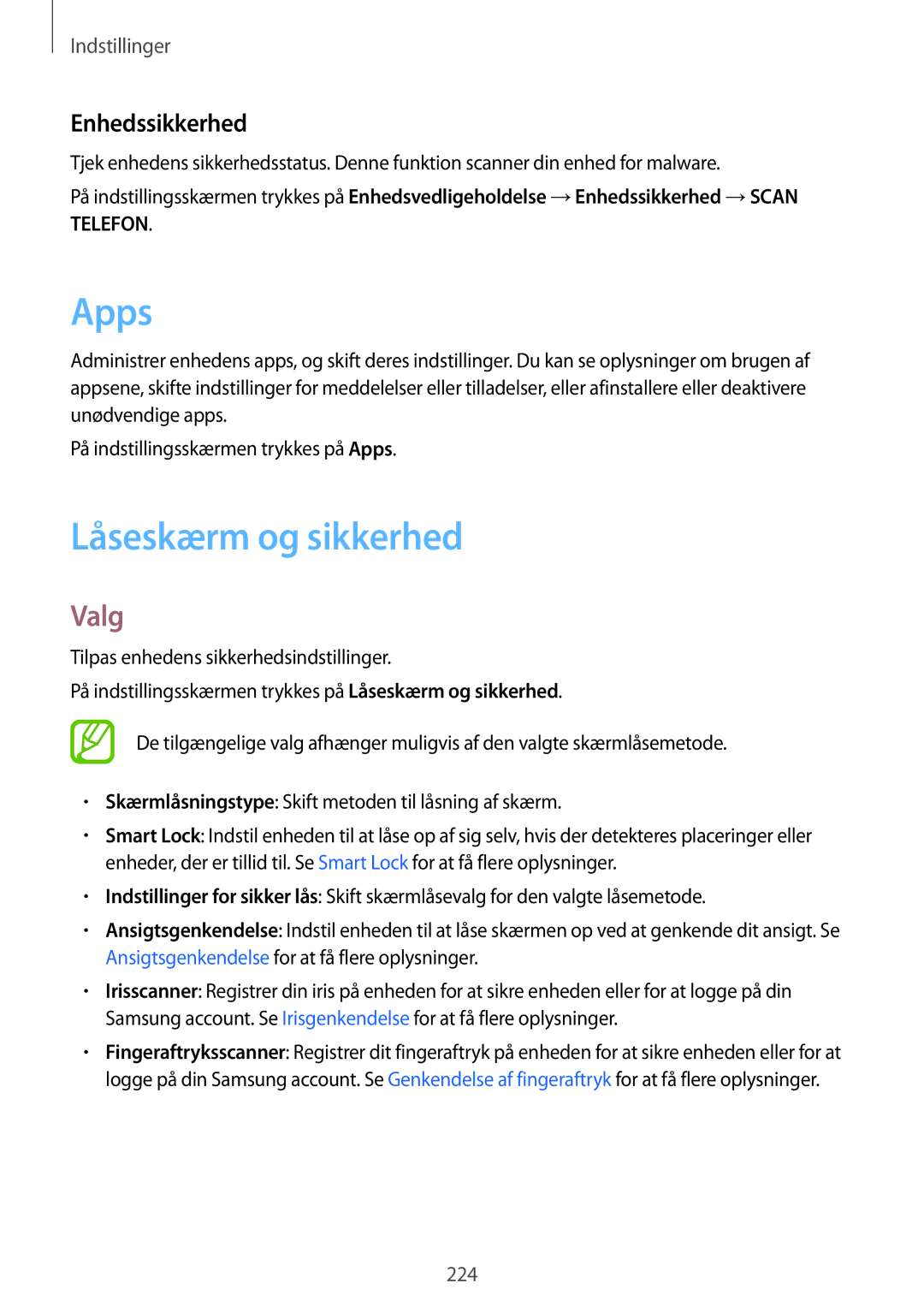 Samsung SM-N950FZDATEN, CG-N950FZDSHTD, SM-N950FZKAHTS, SM-N950FZKDNEE manual Apps, Låseskærm og sikkerhed, Enhedssikkerhed 