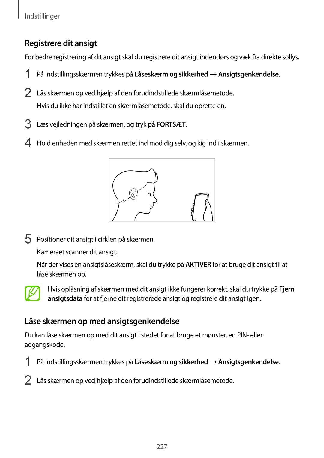 Samsung SM-N950FZKDNEE, SM-N950FZDATEN, CG-N950FZDSHTD manual Registrere dit ansigt, Låse skærmen op med ansigtsgenkendelse 