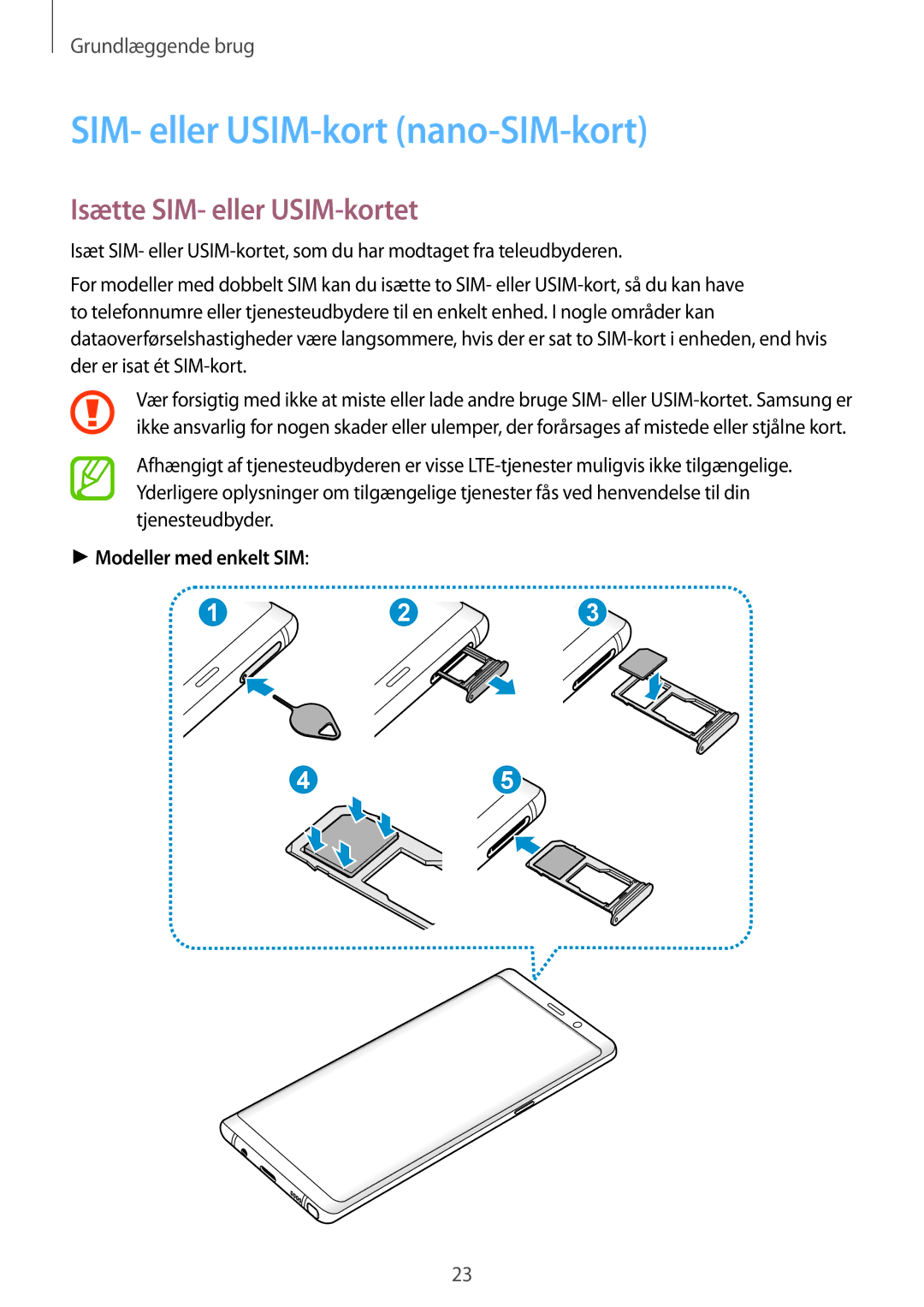 Samsung SM-N950FZKAHTS manual SIM- eller USIM-kort nano-SIM-kort, Isætte SIM- eller USIM-kortet, Modeller med enkelt SIM 