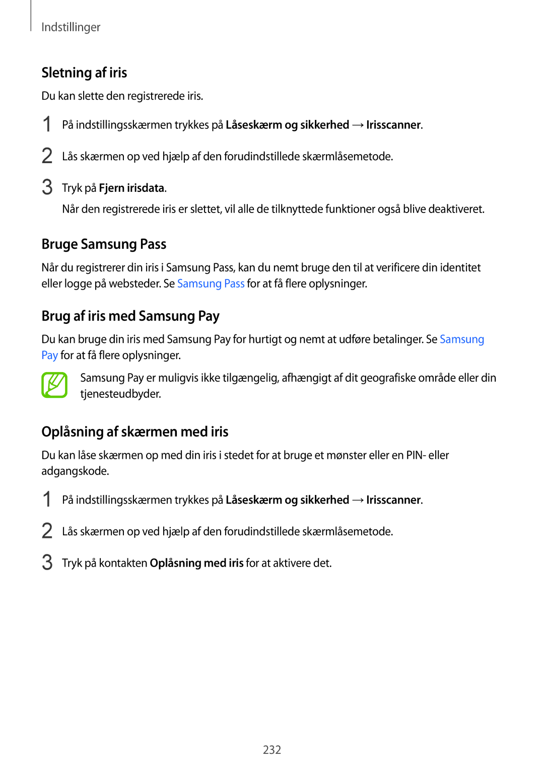 Samsung CG-N950FZDSHTD Sletning af iris, Bruge Samsung Pass, Brug af iris med Samsung Pay, Oplåsning af skærmen med iris 