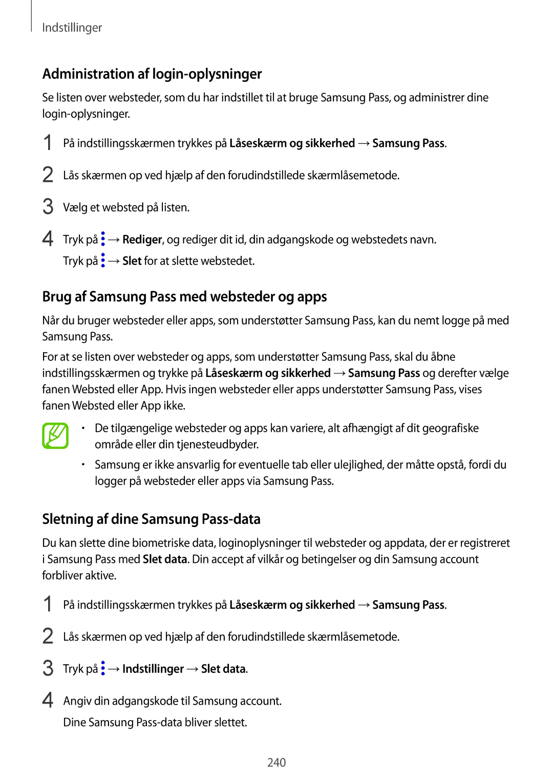 Samsung SM-N950FZKAHTS, SM-N950FZDATEN Administration af login-oplysninger, Brug af Samsung Pass med websteder og apps 