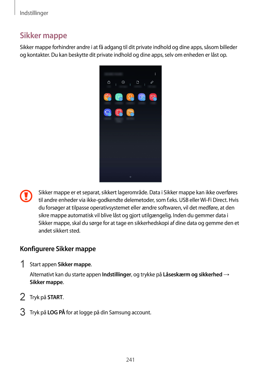 Samsung SM-N950FZKDNEE, SM-N950FZDATEN, CG-N950FZDSHTD, SM-N950FZKAHTS, SM-N950FZDDNEE manual Konfigurere Sikker mappe 