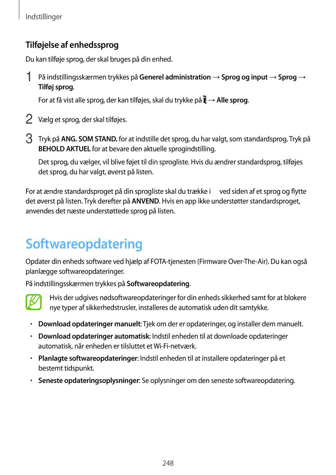 Samsung SM-N950FZKDNEE Softwareopdatering, Tilføjelse af enhedssprog, Du kan tilføje sprog, der skal bruges på din enhed 