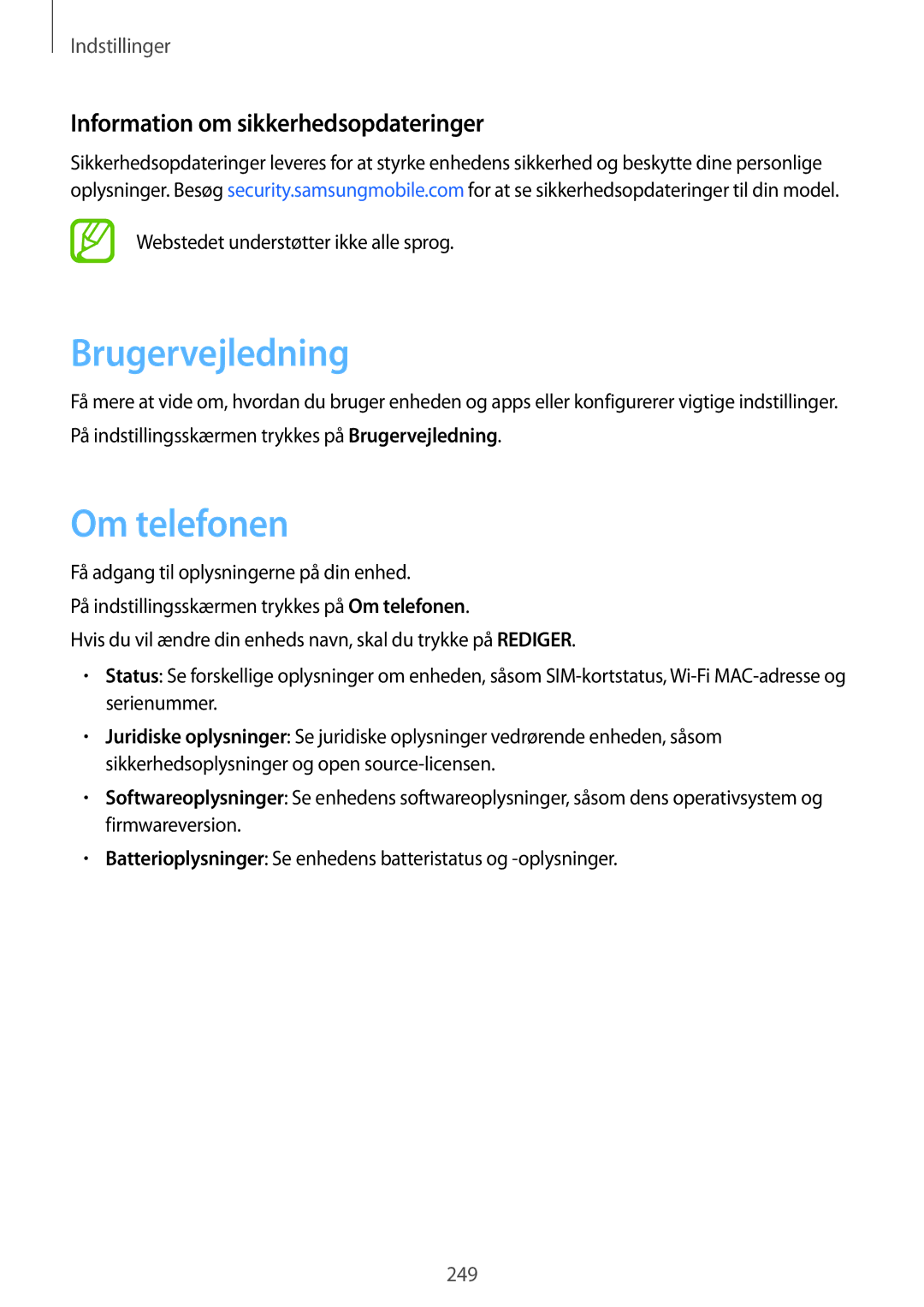 Samsung SM-N950FZDDNEE, SM-N950FZDATEN manual Brugervejledning, Om telefonen, Information om sikkerhedsopdateringer 