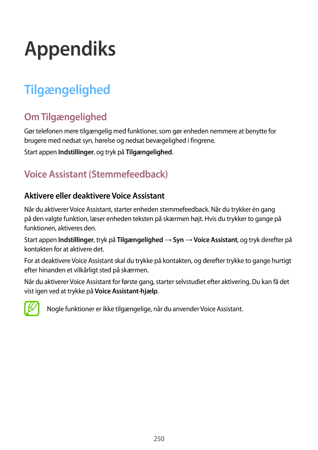 Samsung SM-N950FZDAHTS manual Om Tilgængelighed, Voice Assistant Stemmefeedback, Aktivere eller deaktivere Voice Assistant 