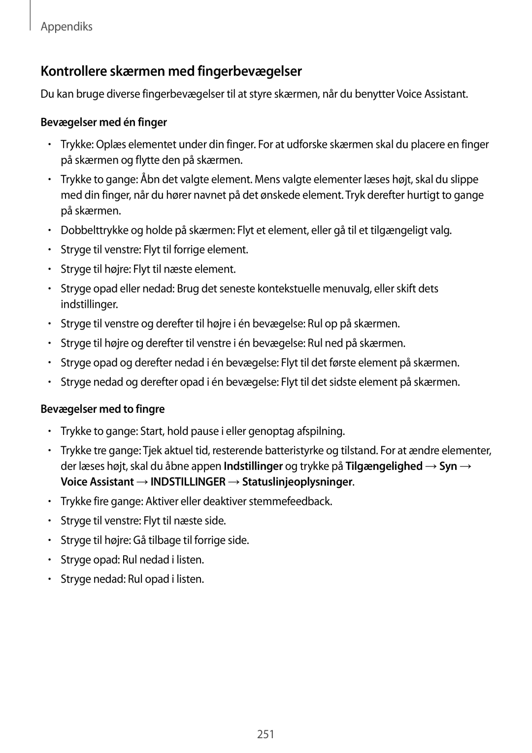 Samsung SM-N950FZKATEN manual Kontrollere skærmen med fingerbevægelser, Bevægelser med én finger, Bevægelser med to fingre 