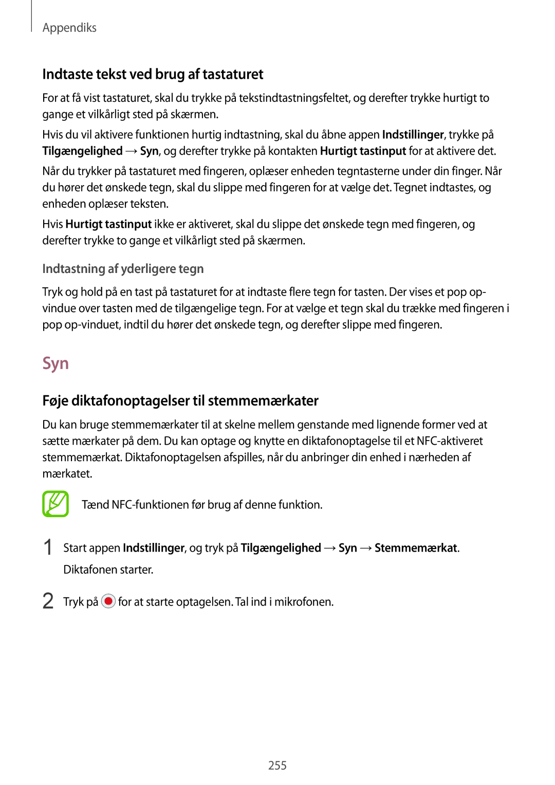 Samsung SM-N950FZKDNEE manual Syn, Indtaste tekst ved brug af tastaturet, Føje diktafonoptagelser til stemmemærkater 