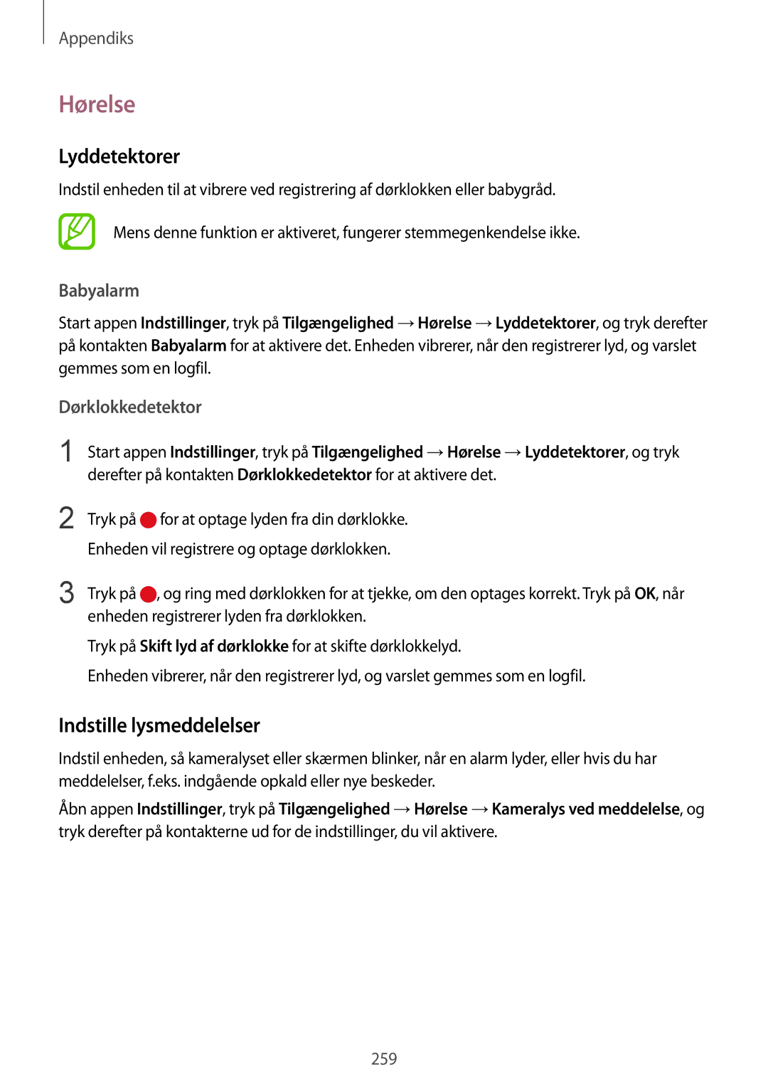 Samsung SM-N950FZDATEN, CG-N950FZDSHTD manual Hørelse, Lyddetektorer, Indstille lysmeddelelser, Babyalarm, Dørklokkedetektor 