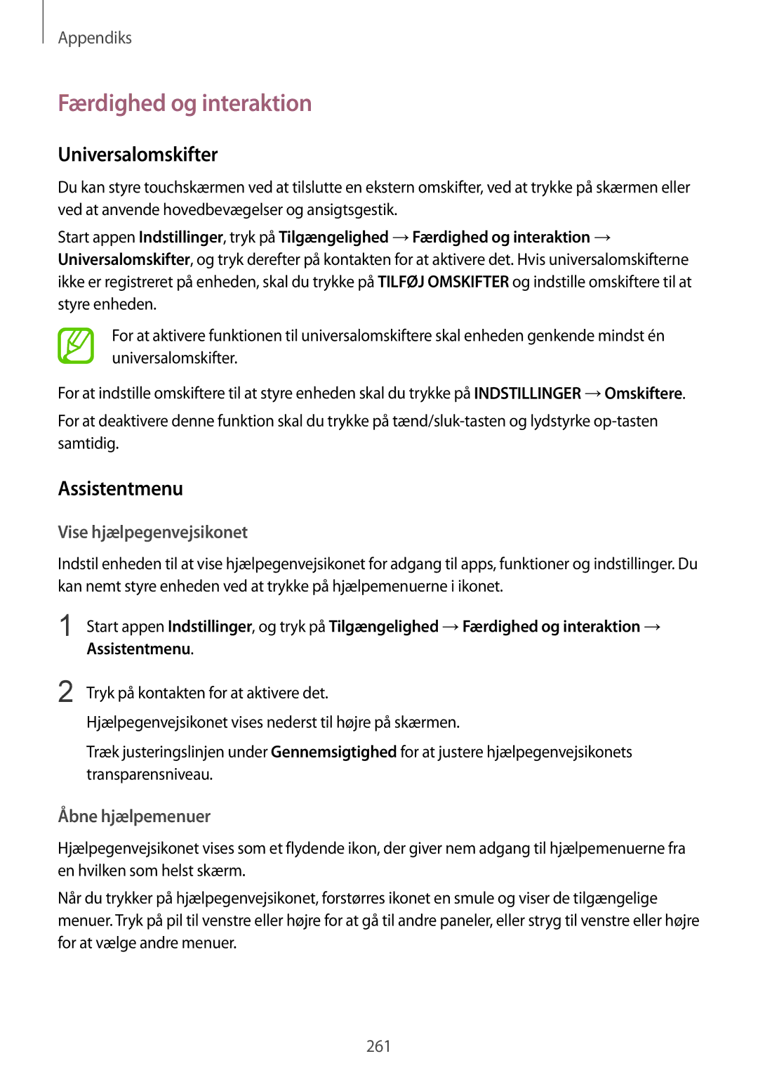 Samsung SM-N950FZKAHTS manual Færdighed og interaktion, Universalomskifter, Assistentmenu, Vise hjælpegenvejsikonet 