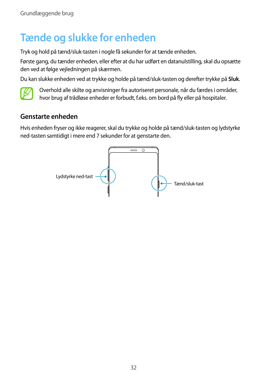 Samsung SM-N950FZDDNEE, SM-N950FZDATEN, CG-N950FZDSHTD, SM-N950FZKAHTS manual Tænde og slukke for enheden, Genstarte enheden 