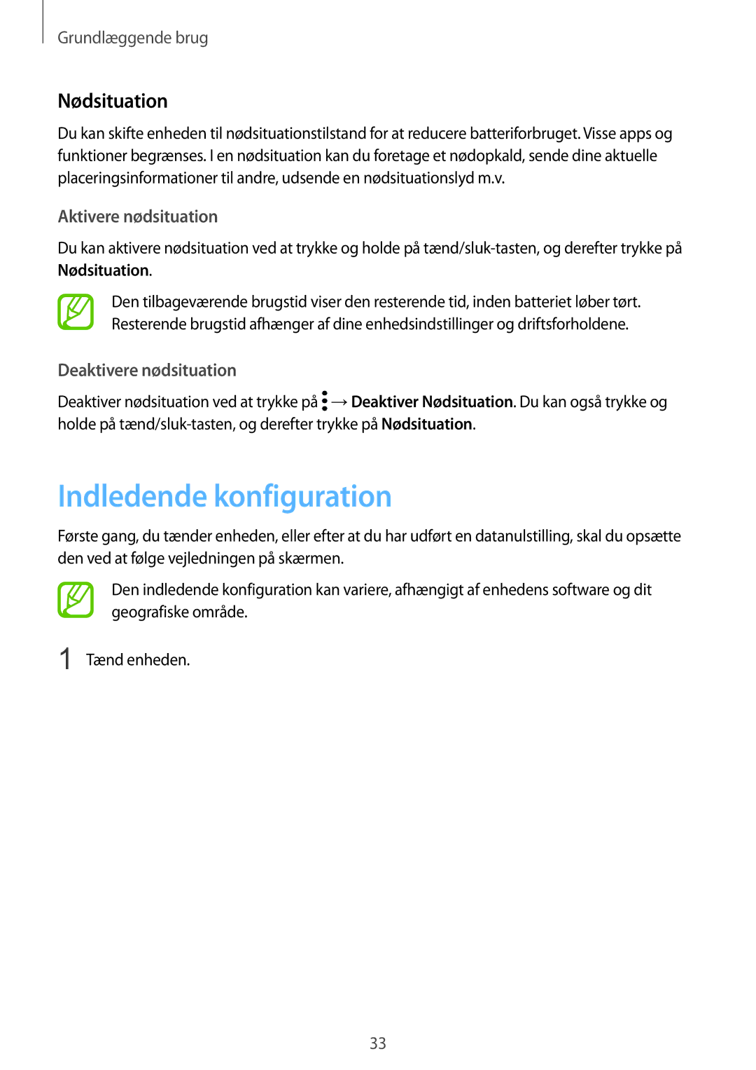 Samsung SM-N950FZDAHTS manual Indledende konfiguration, Nødsituation, Aktivere nødsituation, Deaktivere nødsituation 