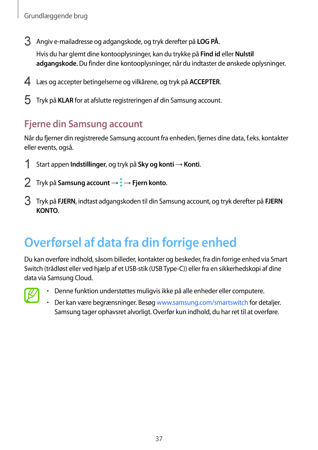 Samsung SM-N950FZKAHTS, SM-N950FZDATEN, CG-N950FZDSHTD Overførsel af data fra din forrige enhed, Fjerne din Samsung account 