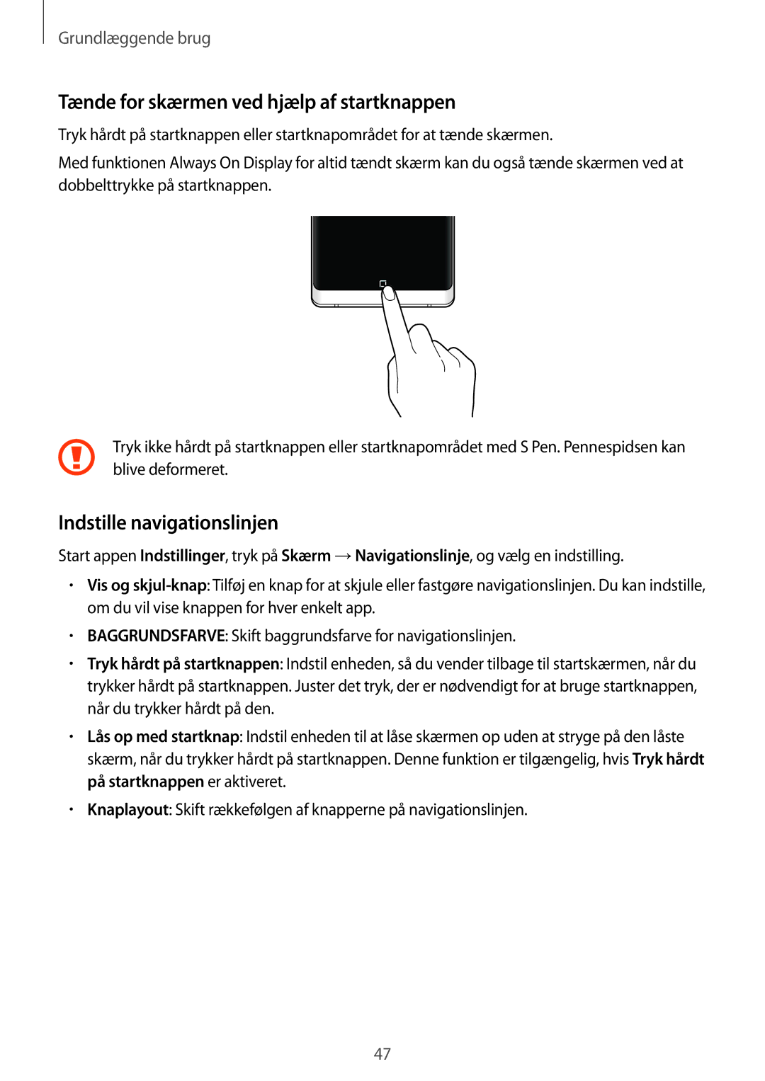 Samsung SM-N950FZDAHTS, SM-N950FZDATEN manual Tænde for skærmen ved hjælp af startknappen, Indstille navigationslinjen 