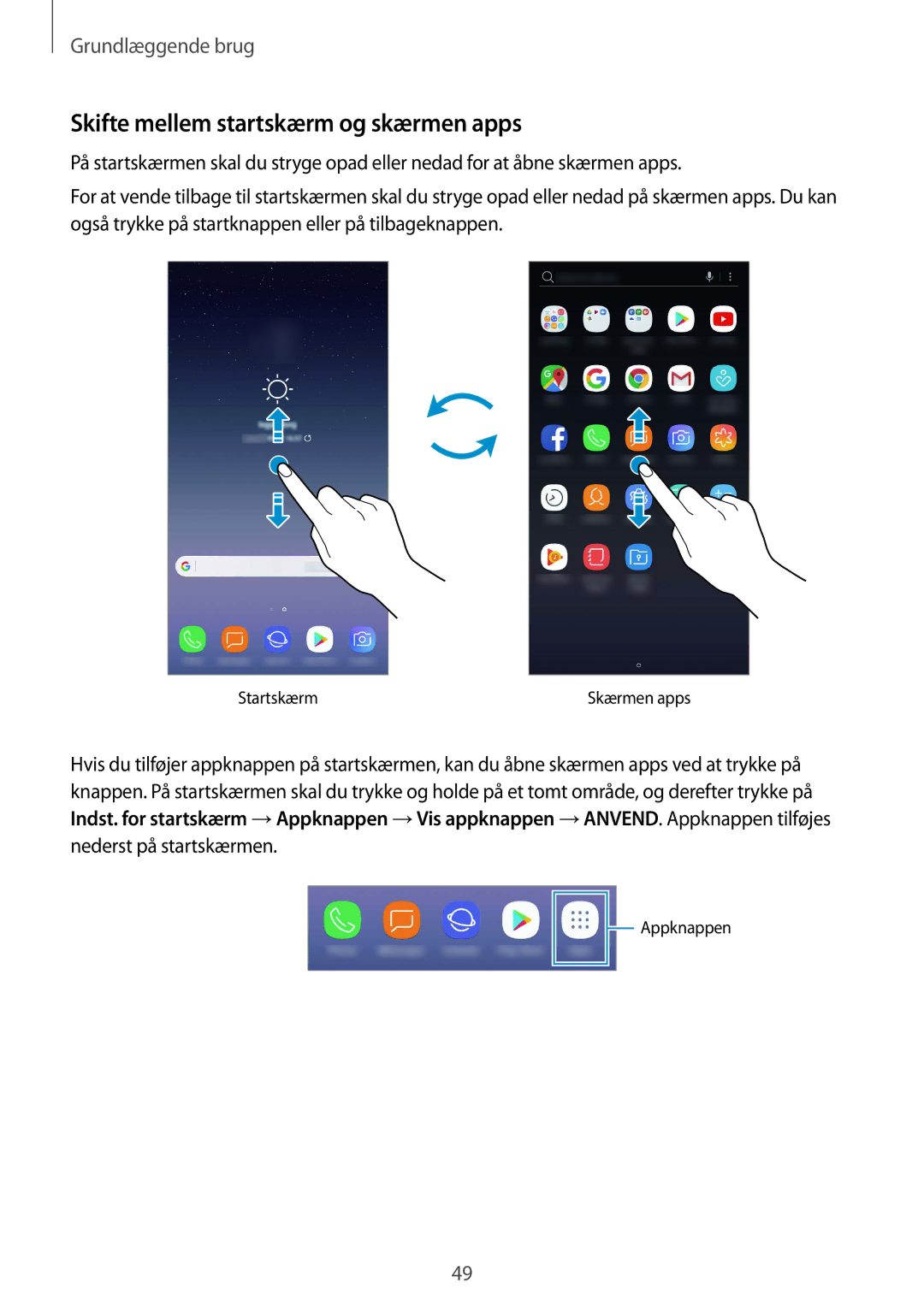 Samsung SM-N950FZDATEN, CG-N950FZDSHTD, SM-N950FZKAHTS, SM-N950FZKDNEE manual Skifte mellem startskærm og skærmen apps 