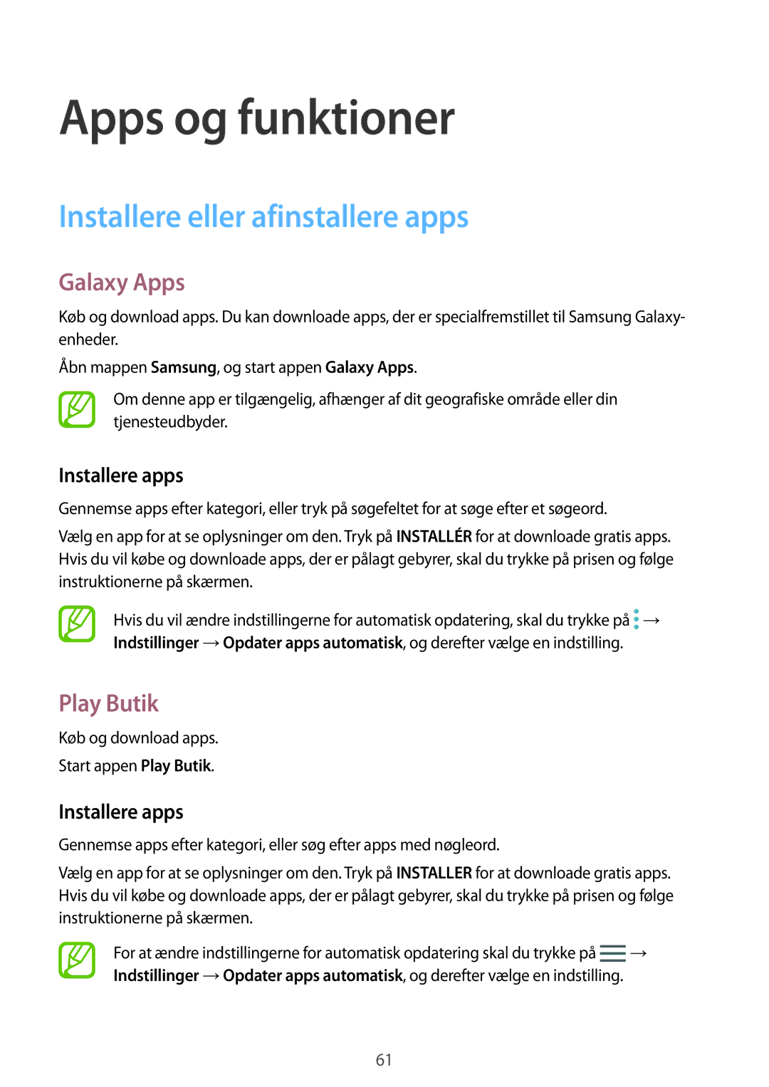 Samsung SM-N950FZDAHTS, SM-N950FZDATEN manual Installere eller afinstallere apps, Galaxy Apps, Play Butik, Installere apps 