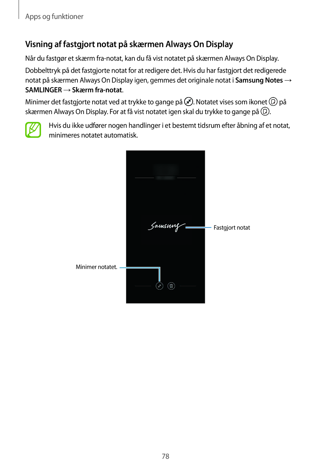 Samsung CG-N950FZDSHTD, SM-N950FZDATEN, SM-N950FZKAHTS manual Visning af fastgjort notat på skærmen Always On Display 