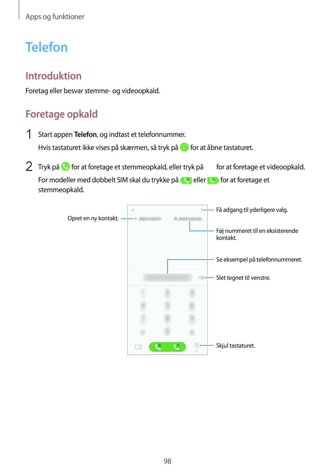 Samsung SM-N950FZDATEN, CG-N950FZDSHTD manual Telefon, Foretage opkald, Foretag eller besvar stemme- og videoopkald 