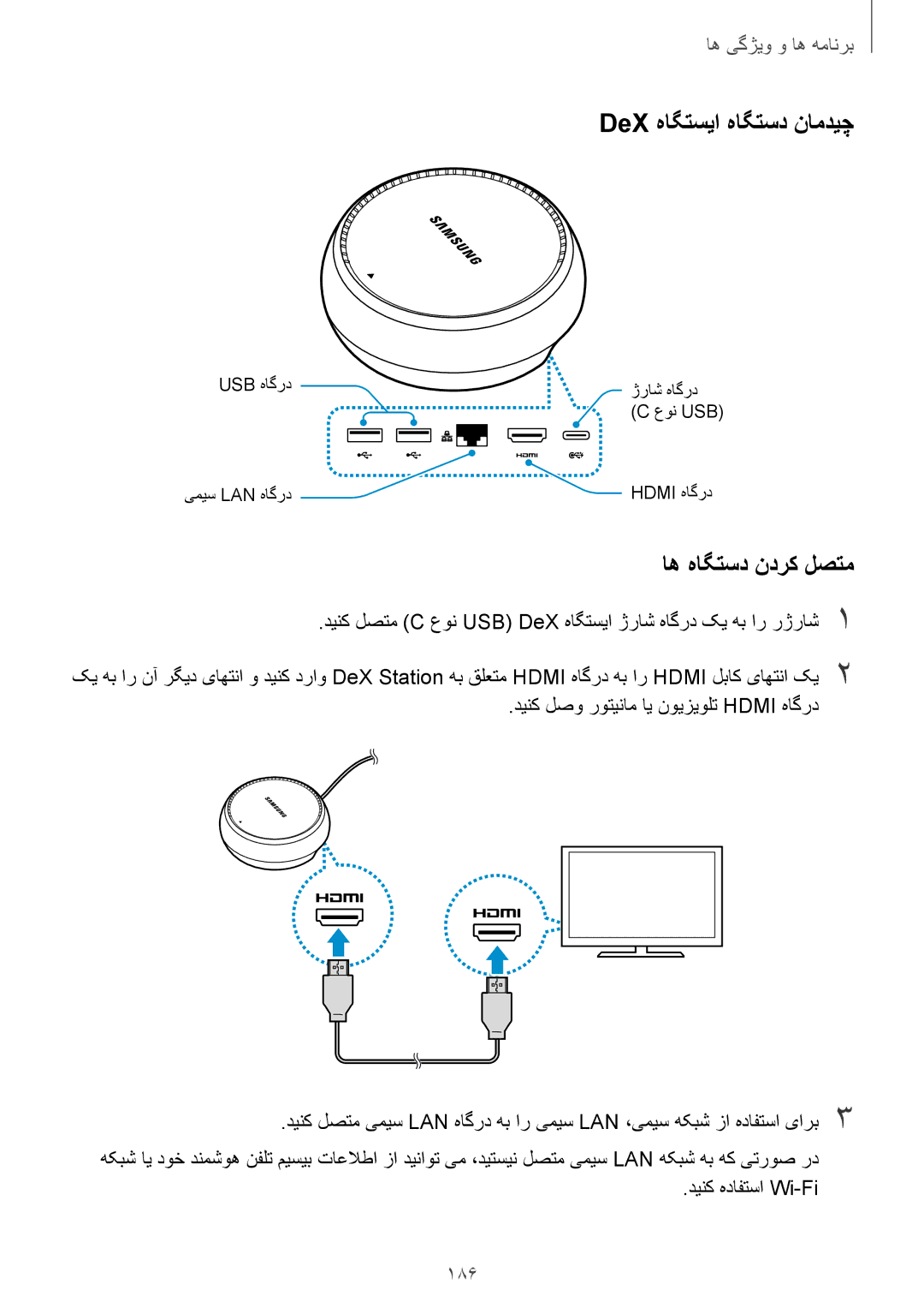 Samsung SM-N950FZDDKSA, SM-N950FZKDKSA manual DeX هاگتسیا هاگتسد نامدیچ, اه هاگتسد ندرک لصتم, 186, دینک هدافتسا Wi-Fi 