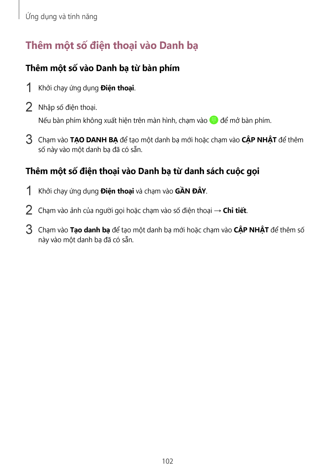 Samsung SM-N950FZDDXXV, SM-N950FZVDXXV manual Thêm một số điện thoại vào Danh bạ, Thêm một số vào Danh bạ từ bàn phím, 102 