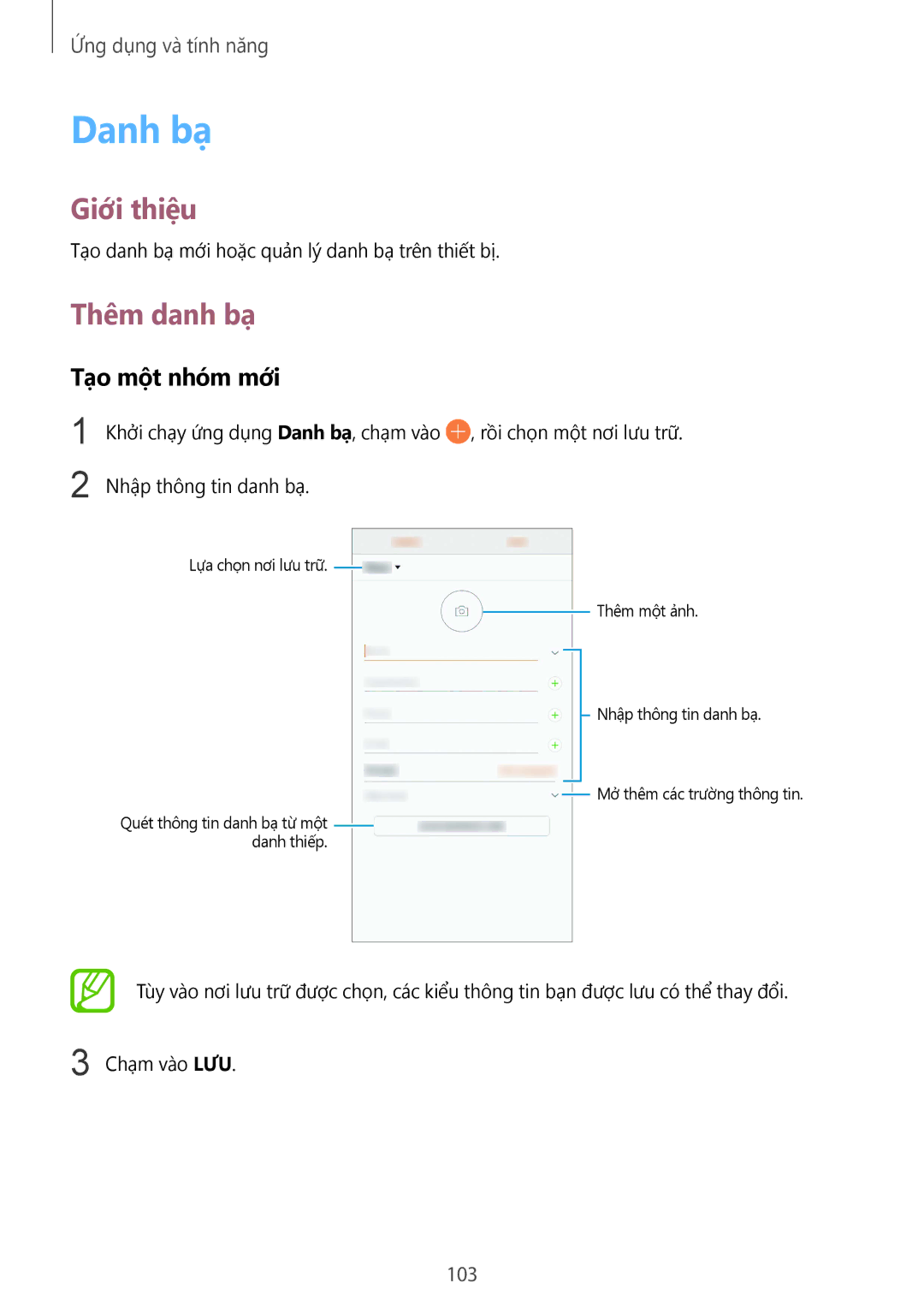Samsung SM-N950FZVDXXV, SM-N950FZDDXXV, SM-N950FZKDXXV manual Danh bạ, Thêm danh bạ, Tạo một nhóm mới, 103 