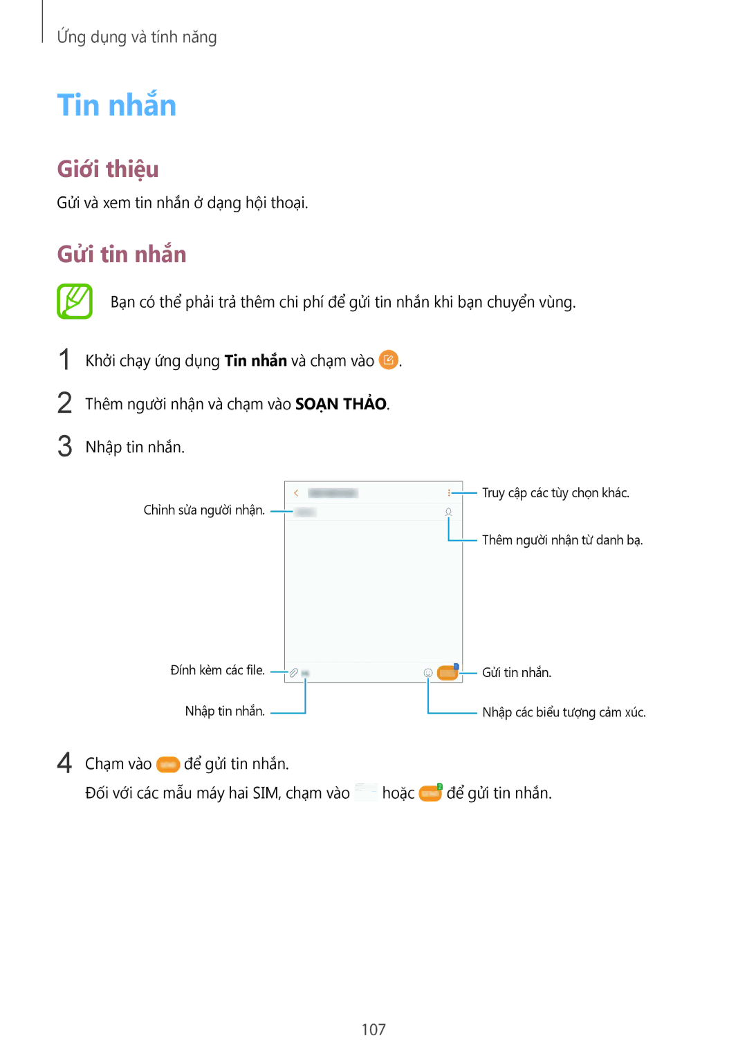 Samsung SM-N950FZKDXXV, SM-N950FZDDXXV, SM-N950FZVDXXV manual Tin nhắn, Gửi tin nhắn, 107 