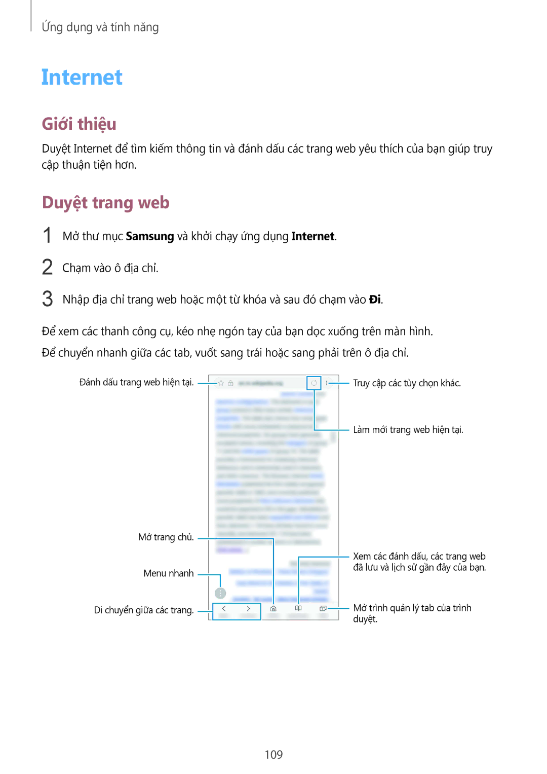 Samsung SM-N950FZVDXXV, SM-N950FZDDXXV, SM-N950FZKDXXV manual Internet, Duyệt trang web, 109 