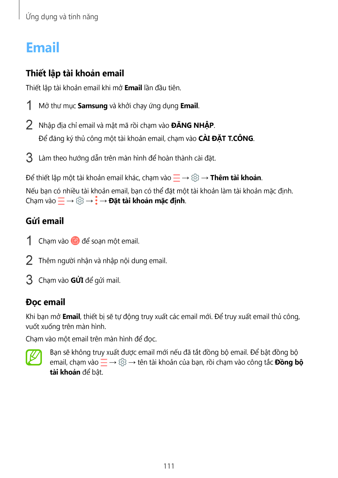Samsung SM-N950FZDDXXV, SM-N950FZVDXXV, SM-N950FZKDXXV manual Thiết lập tài khoản email, Gửi email, Đọc email, 111 