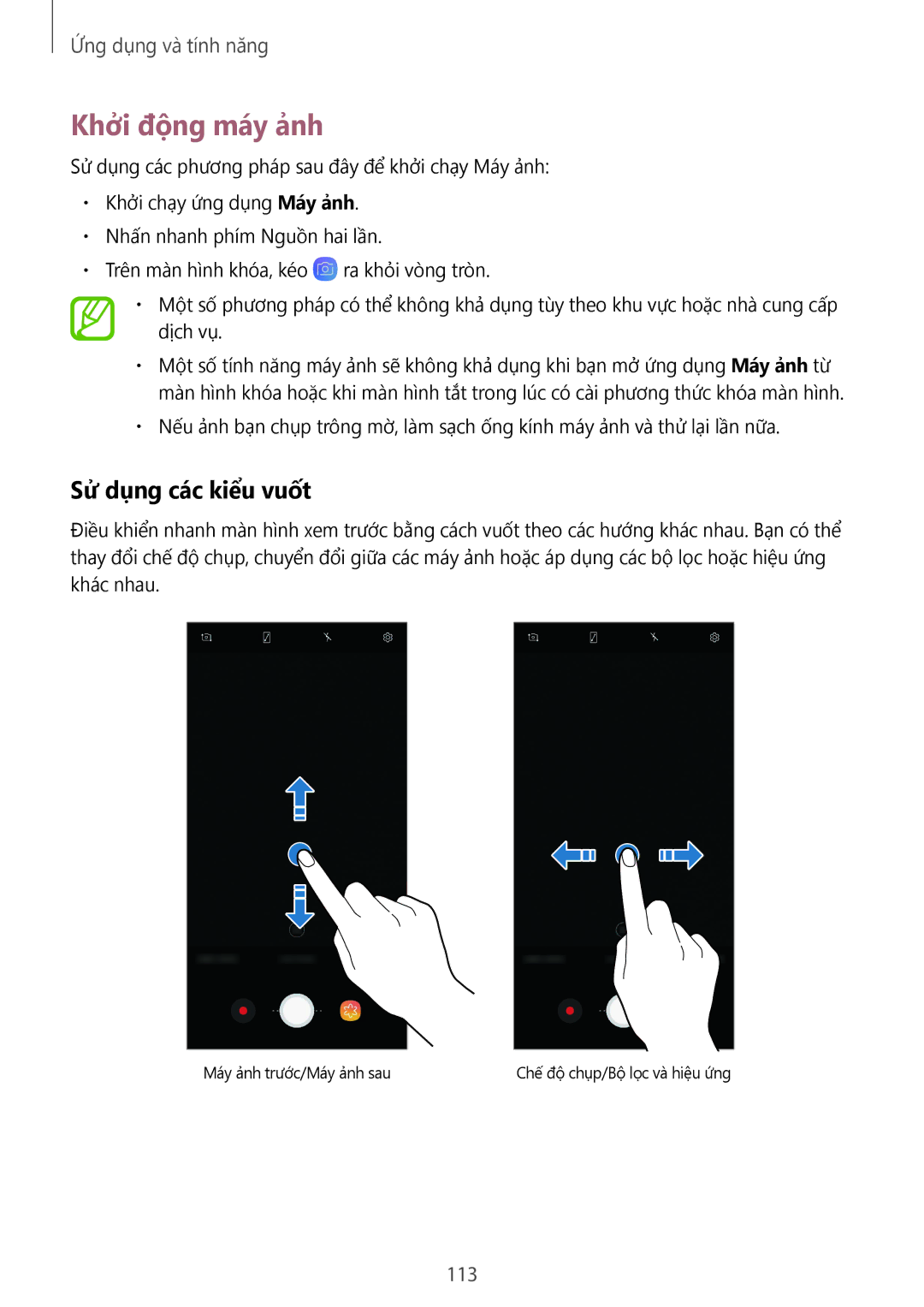 Samsung SM-N950FZKDXXV, SM-N950FZDDXXV, SM-N950FZVDXXV manual Khởi động máy ảnh, Sử dụng các kiểu vuốt, 113 