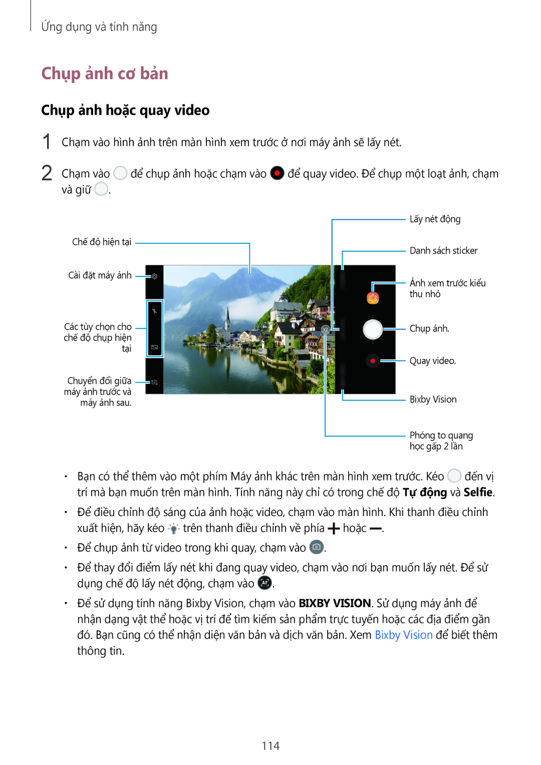 Samsung SM-N950FZDDXXV, SM-N950FZVDXXV, SM-N950FZKDXXV manual Chụp ảnh cơ bản, Chụp ảnh hoặc quay video, 114 