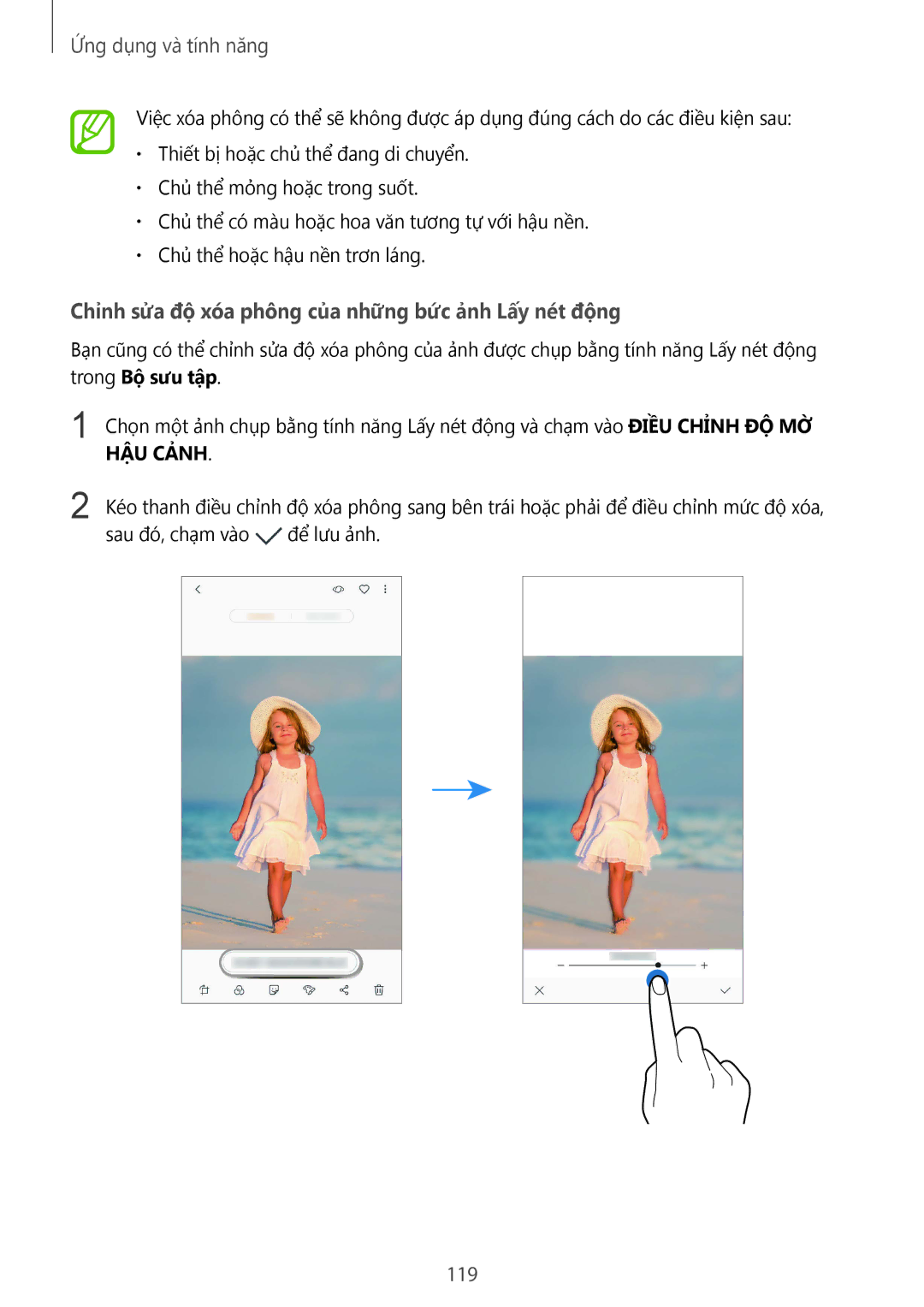 Samsung SM-N950FZKDXXV, SM-N950FZDDXXV, SM-N950FZVDXXV manual Chỉnh sửa độ xóa phông của những bức ảnh Lấy nét động, 119 