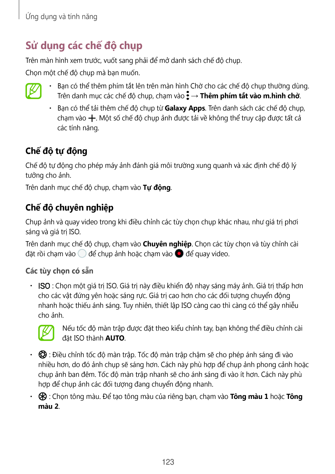 Samsung SM-N950FZDDXXV manual Sử dụng các chế độ chụp, Chế độ tự động, Chế độ chuyên nghiệp, Các tùy chọn có sẵn, 123 