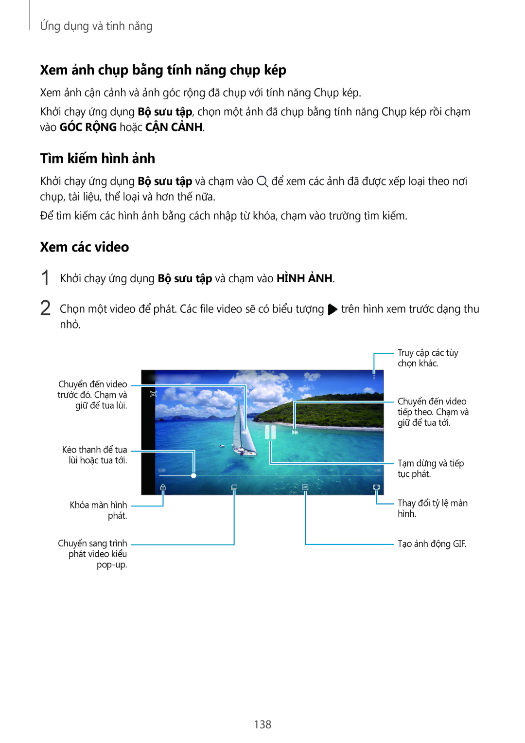 Samsung SM-N950FZDDXXV, SM-N950FZVDXXV manual Xem ảnh chụp bằng tính năng chụp kép, Tìm kiếm hình ảnh, Xem các video, 138 