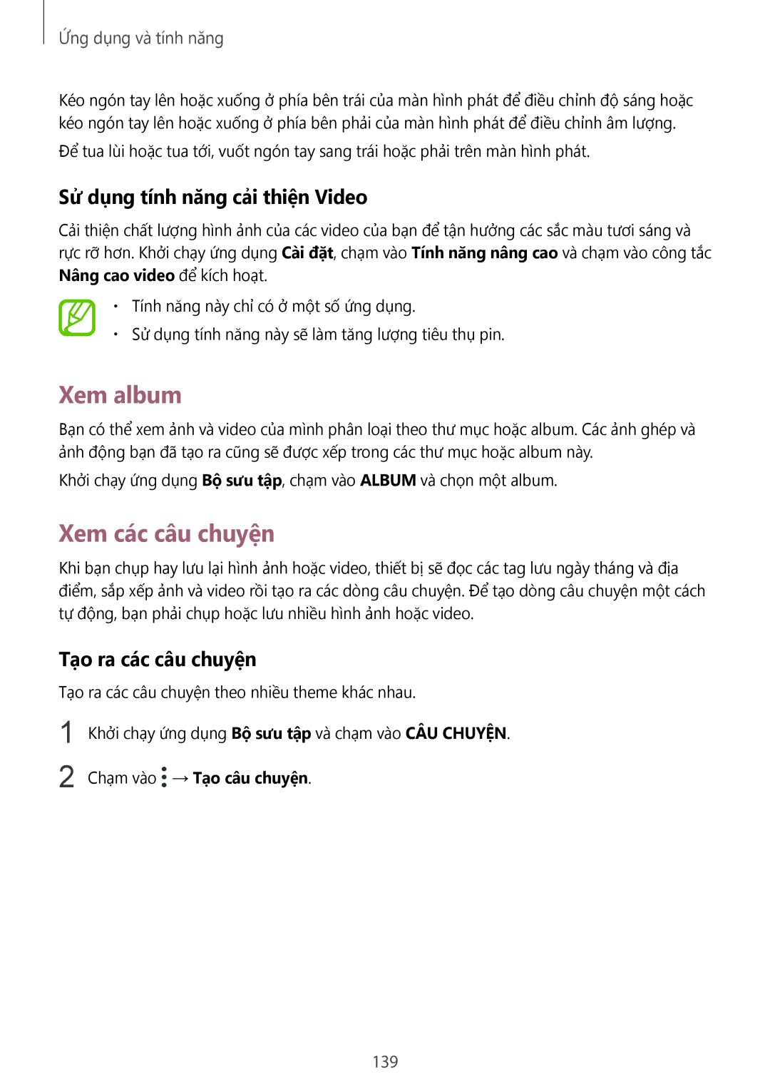 Samsung SM-N950FZVDXXV manual Xem album, Xem các câu chuyện, Sử dụng tính năng cải thiện Video, Tạo ra các câu chuyện, 139 