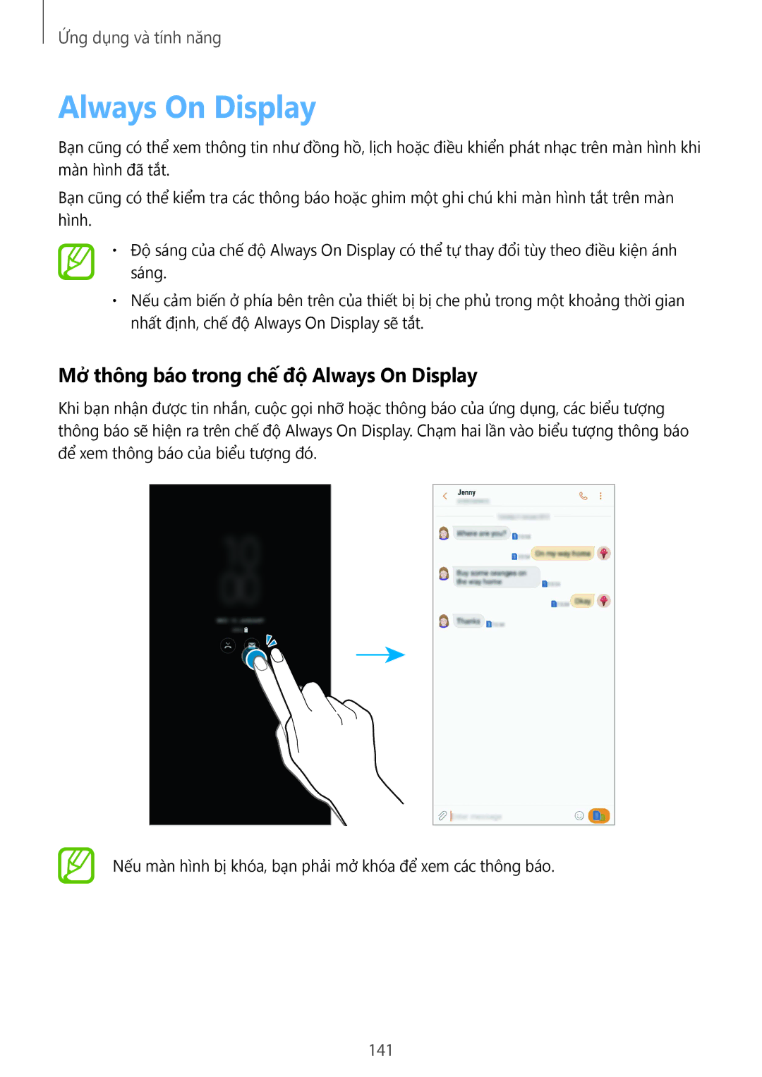 Samsung SM-N950FZDDXXV, SM-N950FZVDXXV, SM-N950FZKDXXV manual Mở thông báo trong chế độ Always On Display, 141 