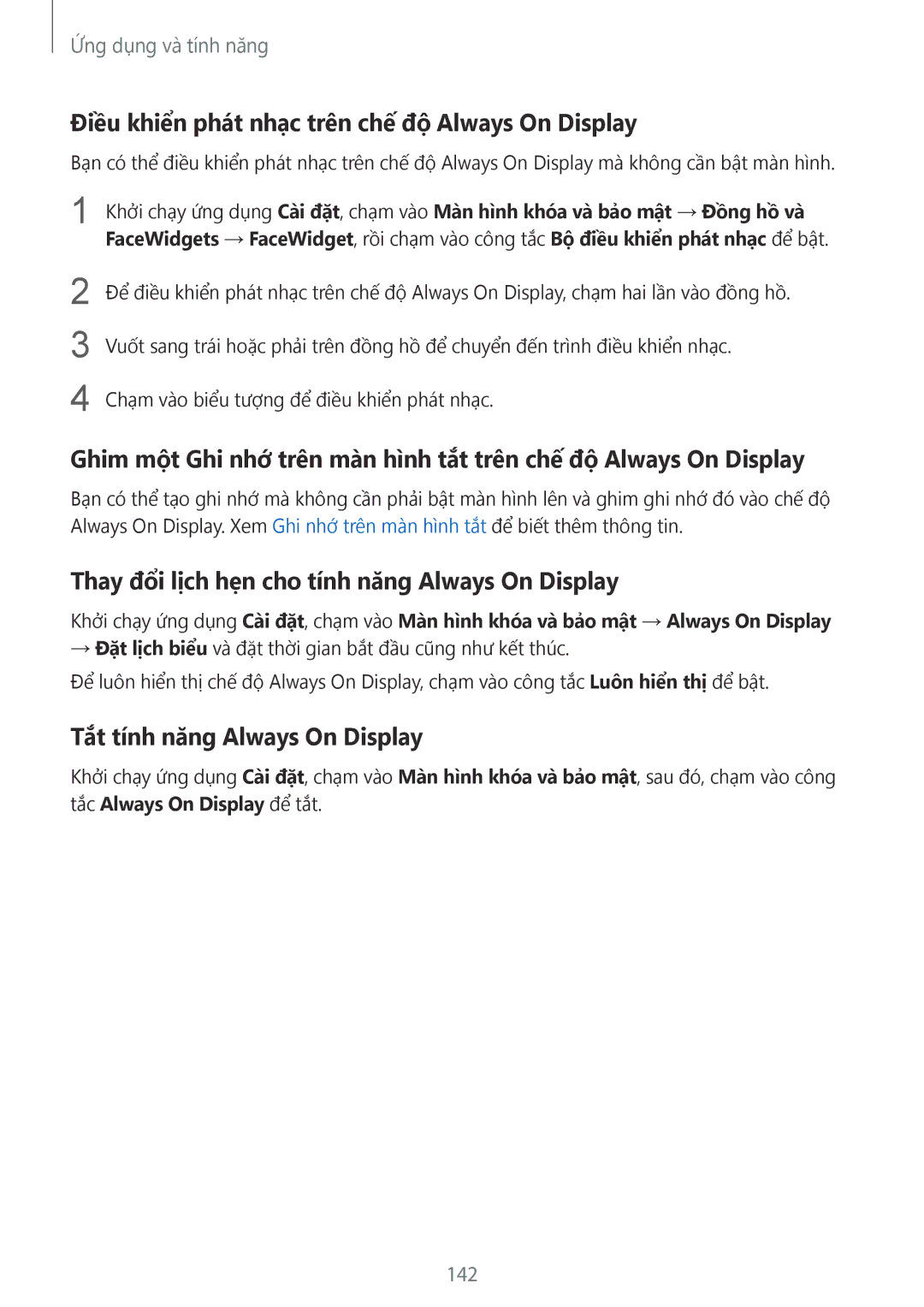 Samsung SM-N950FZVDXXV manual Điều khiển phát nhạc trên chế độ Always On Display, Tắt tính năng Always On Display, 142 