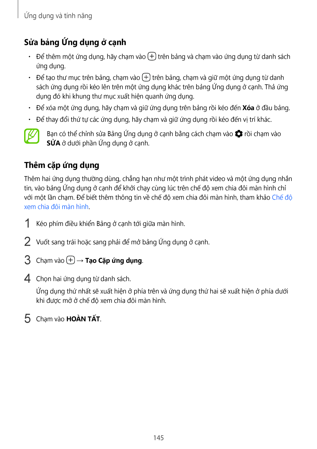 Samsung SM-N950FZVDXXV, SM-N950FZDDXXV manual Sửa bảng Ứng dụng ở cạnh, Thêm cặp ứng dụng, 145, Chạm vào → Tạo Cặp ứng dụng 