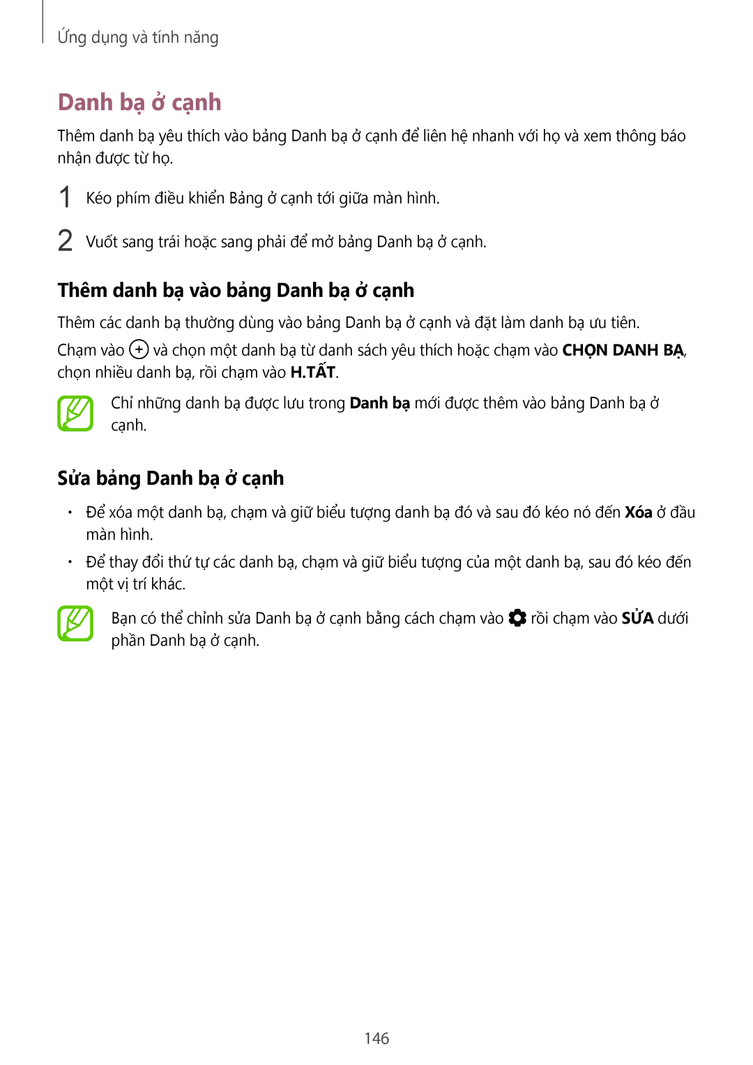 Samsung SM-N950FZKDXXV, SM-N950FZDDXXV manual Thêm danh bạ vào bảng Danh bạ ở cạnh, Sửa bảng Danh bạ ở cạnh, 146 