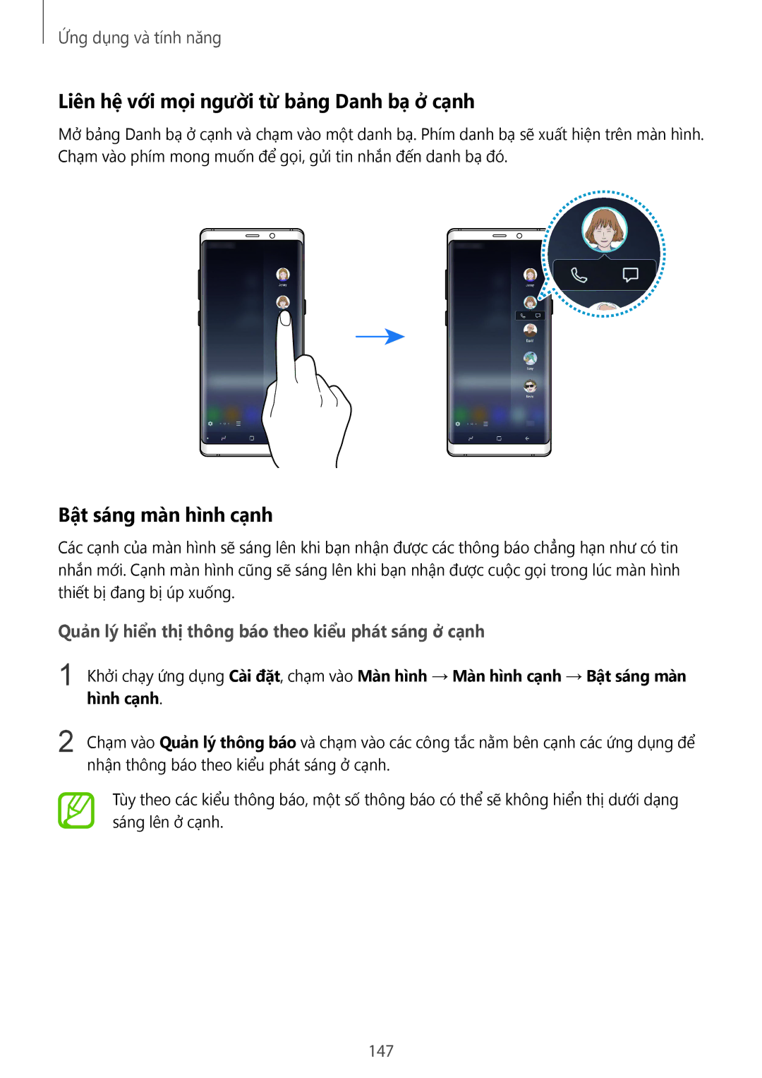 Samsung SM-N950FZDDXXV, SM-N950FZVDXXV manual Liên hệ với mọi người từ bảng Danh bạ ở cạnh, Bật sáng màn hình cạnh, 147 